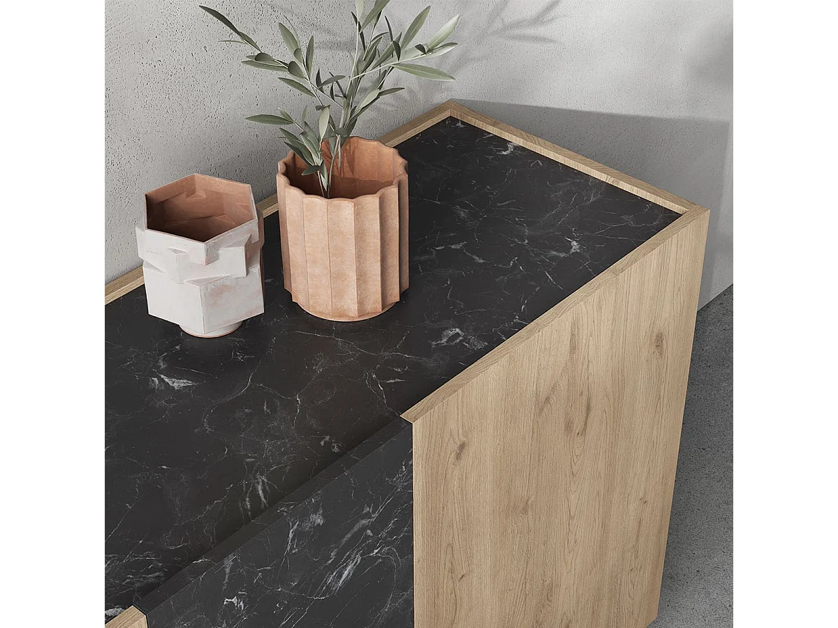 Buffet 3 portes effet bois et marbre noir 140 cm - Dilan