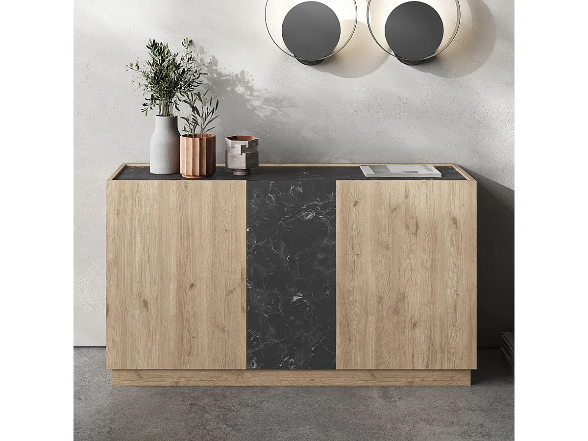 Buffet 3 portes effet bois et marbre noir 140 cm - Dilan