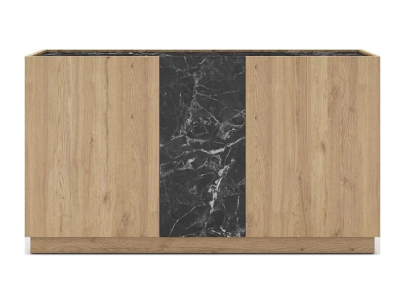 Buffet 3 portes effet bois et marbre noir 140 cm - Dilan