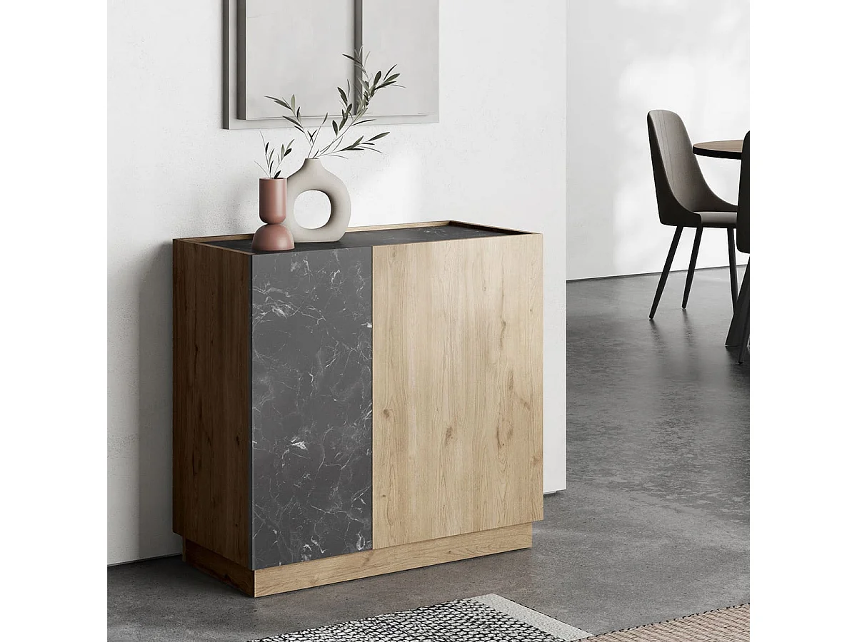 Buffet 2 portes effet bois et marbre noir 80 cm - Dilan