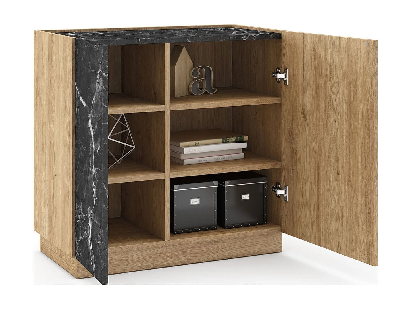 Buffet 2 portes effet bois et marbre noir 80 cm - Dilan