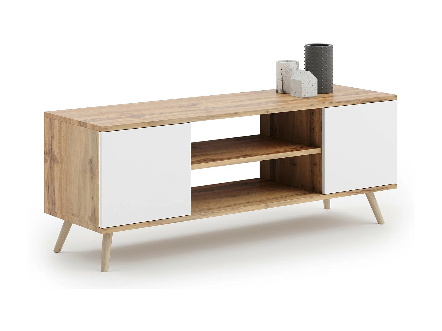 Meuble TV style scandinave FLINT TV - Chêne foncé - Blanc