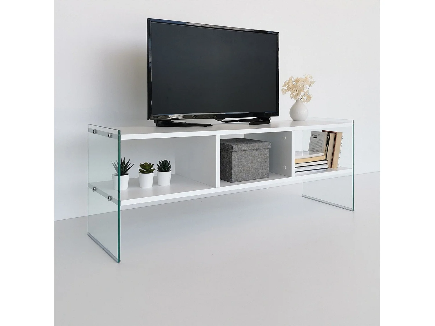 Meuble TV 3 étagères Doris L120xH35cm Bois Blanc et Verre trompé Transparent