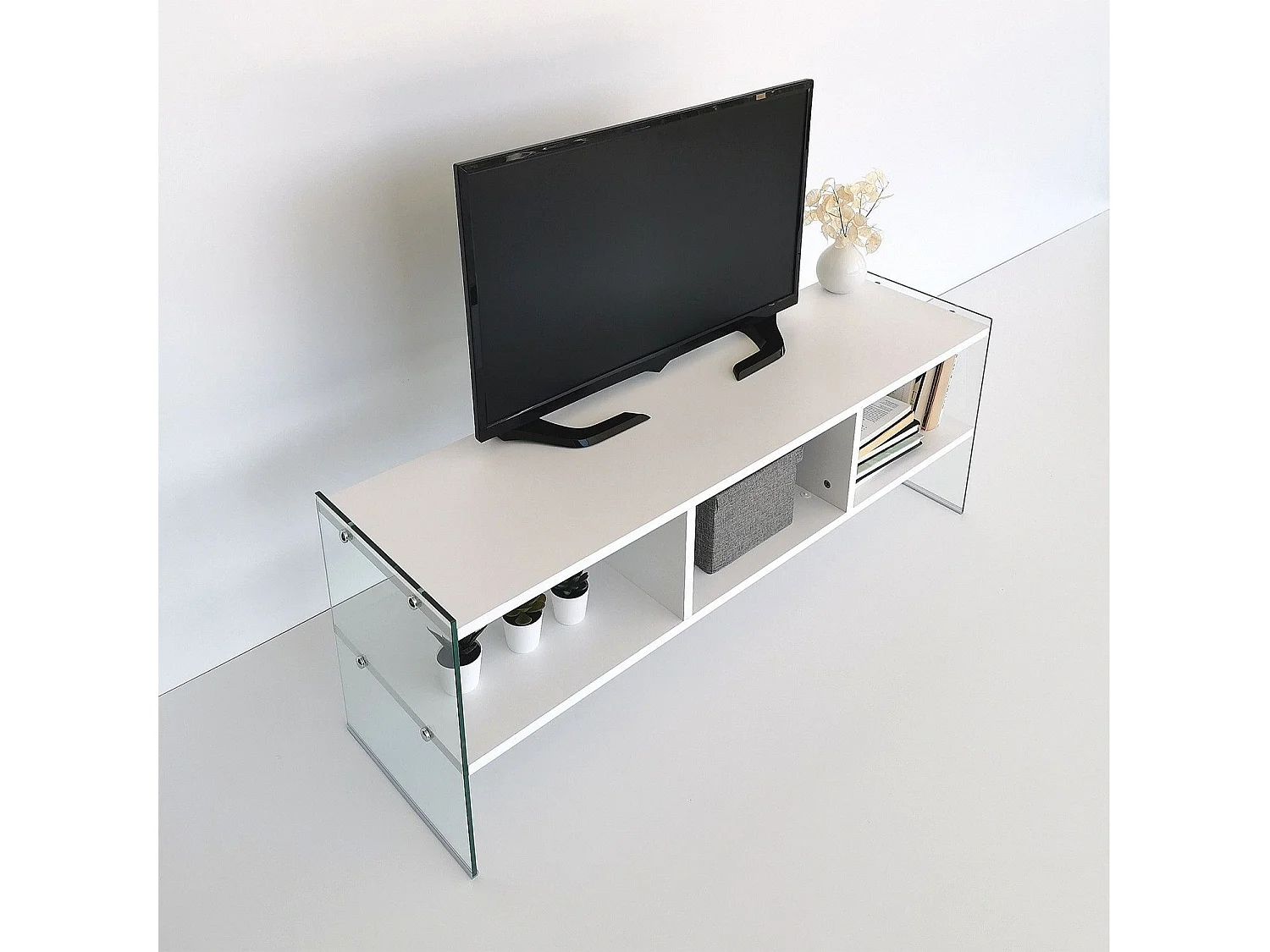 Meuble TV 3 étagères Doris L120xH35cm Bois Blanc et Verre trompé Transparent