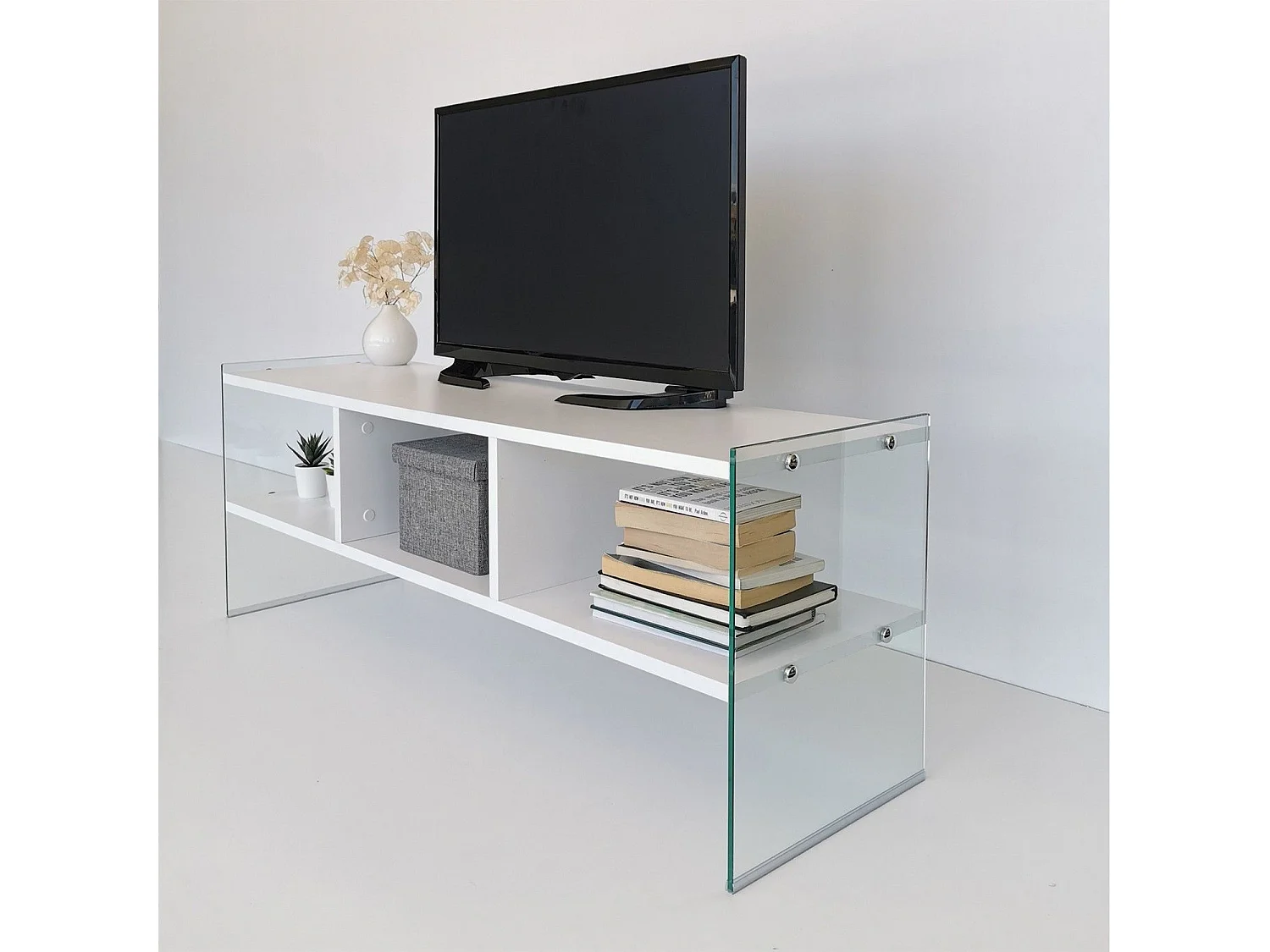 Meuble TV 3 étagères Doris L120xH35cm Bois Blanc et Verre trompé Transparent