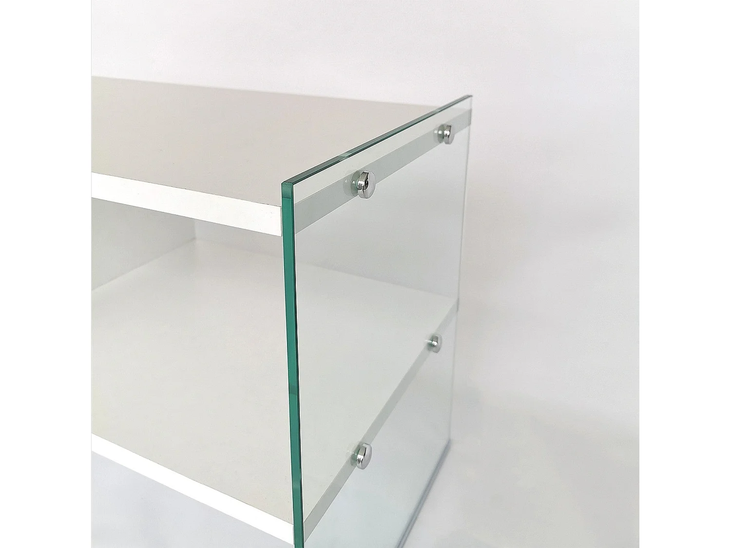 Meuble TV 3 étagères Doris L120xH35cm Bois Blanc et Verre trompé Transparent