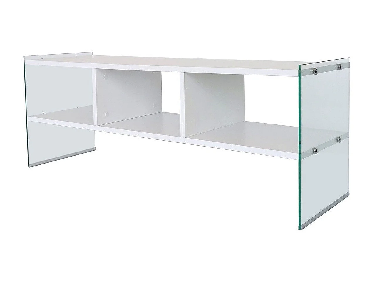 Meuble TV 3 étagères Doris L120xH35cm Bois Blanc et Verre trompé Transparent
