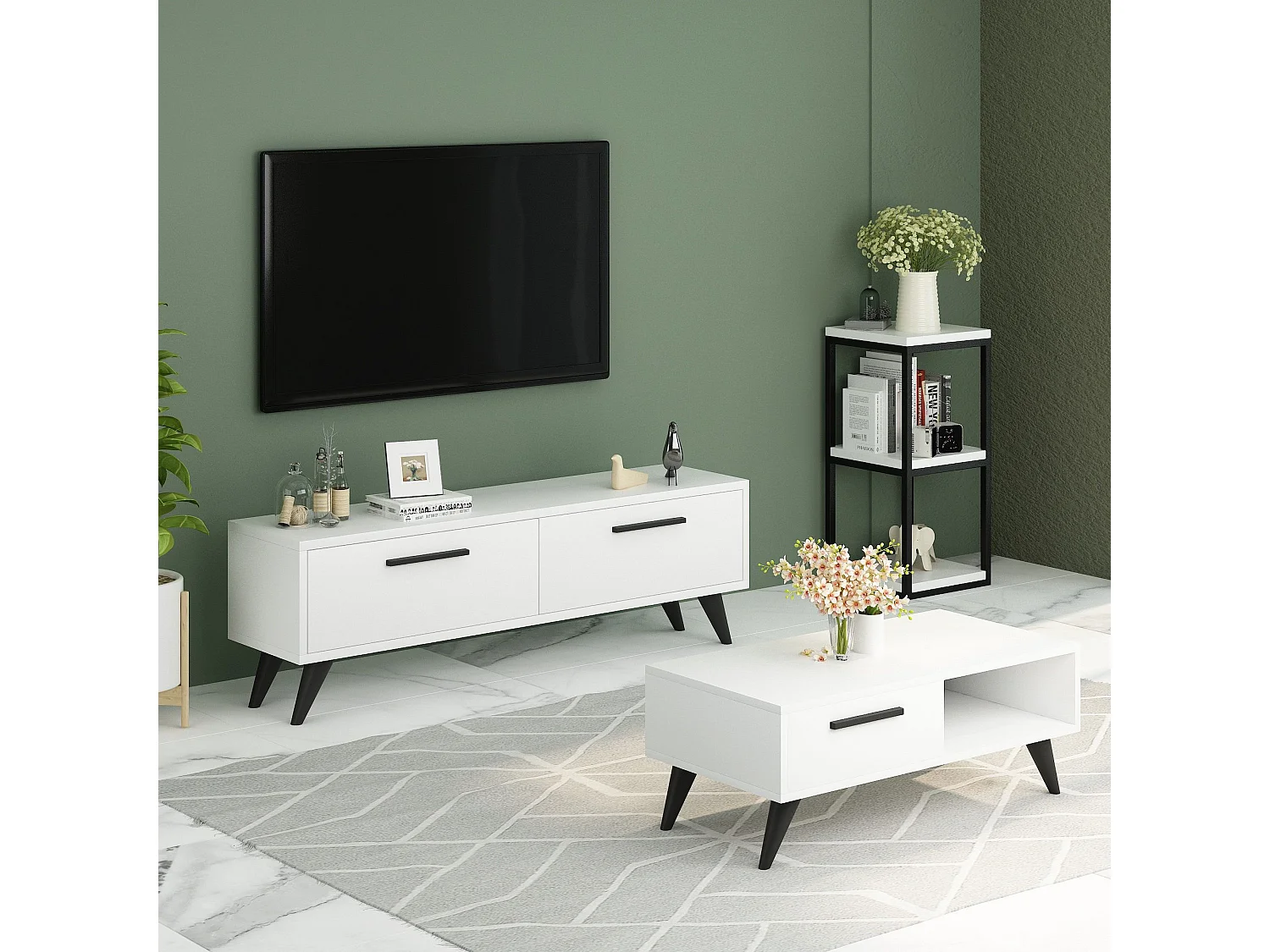 TV-Ständer – 120 cm x 45 cm x 29,6 cm – Weiß – Melaminbeschichtete Spanplatte