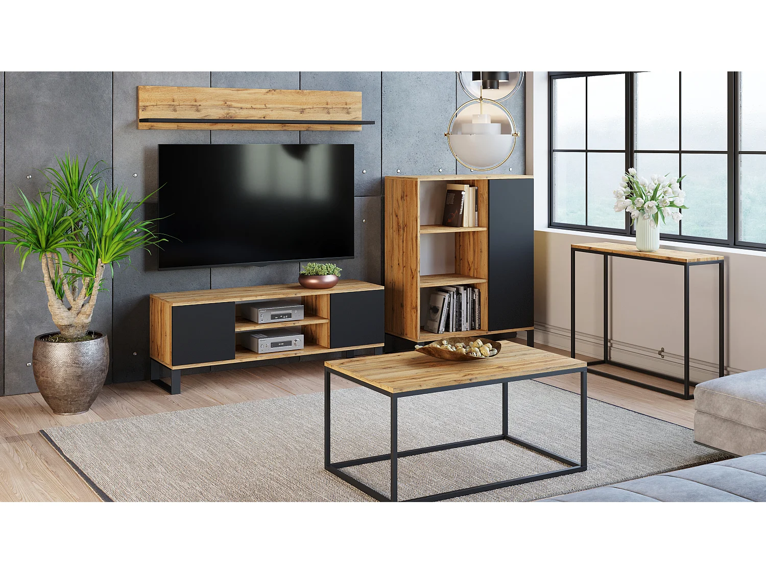 Meuble TV style industriel FLINT TV - Chêne foncé - Noir