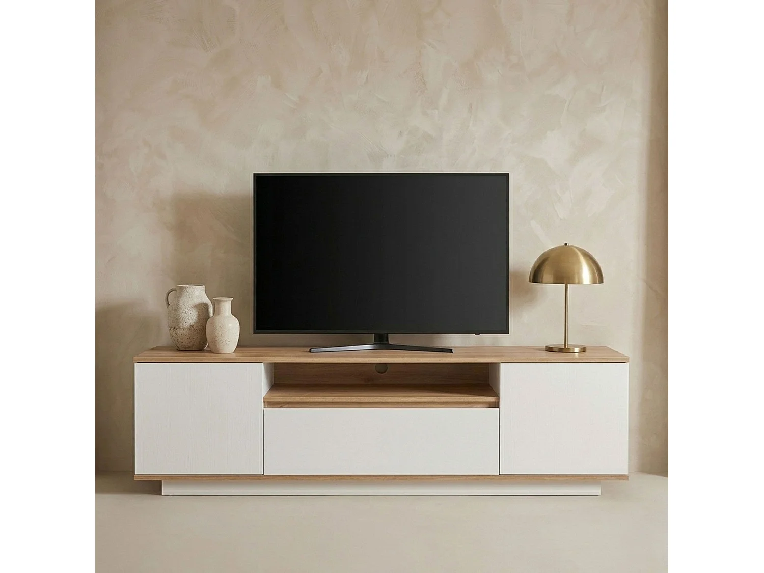 Mueble TV Iliade diseño lineal L180cm Madera clara y Blanco