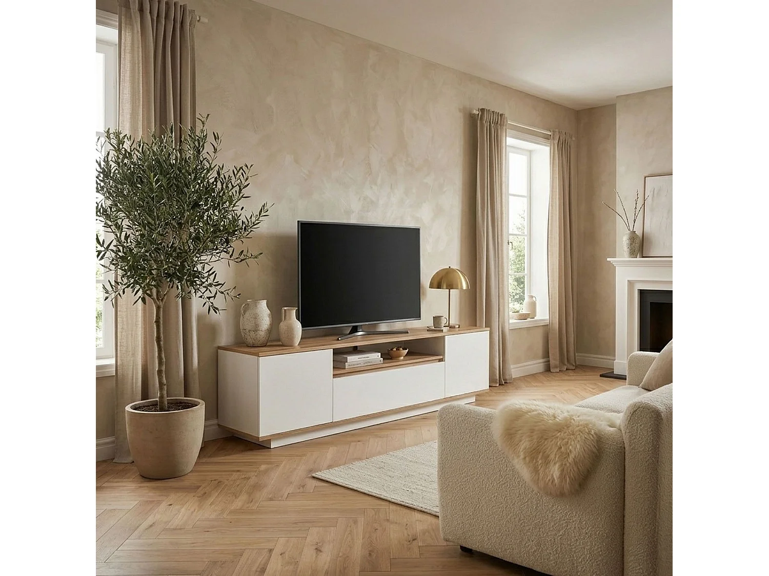 Mueble TV Iliade diseño lineal L180cm Madera clara y Blanco