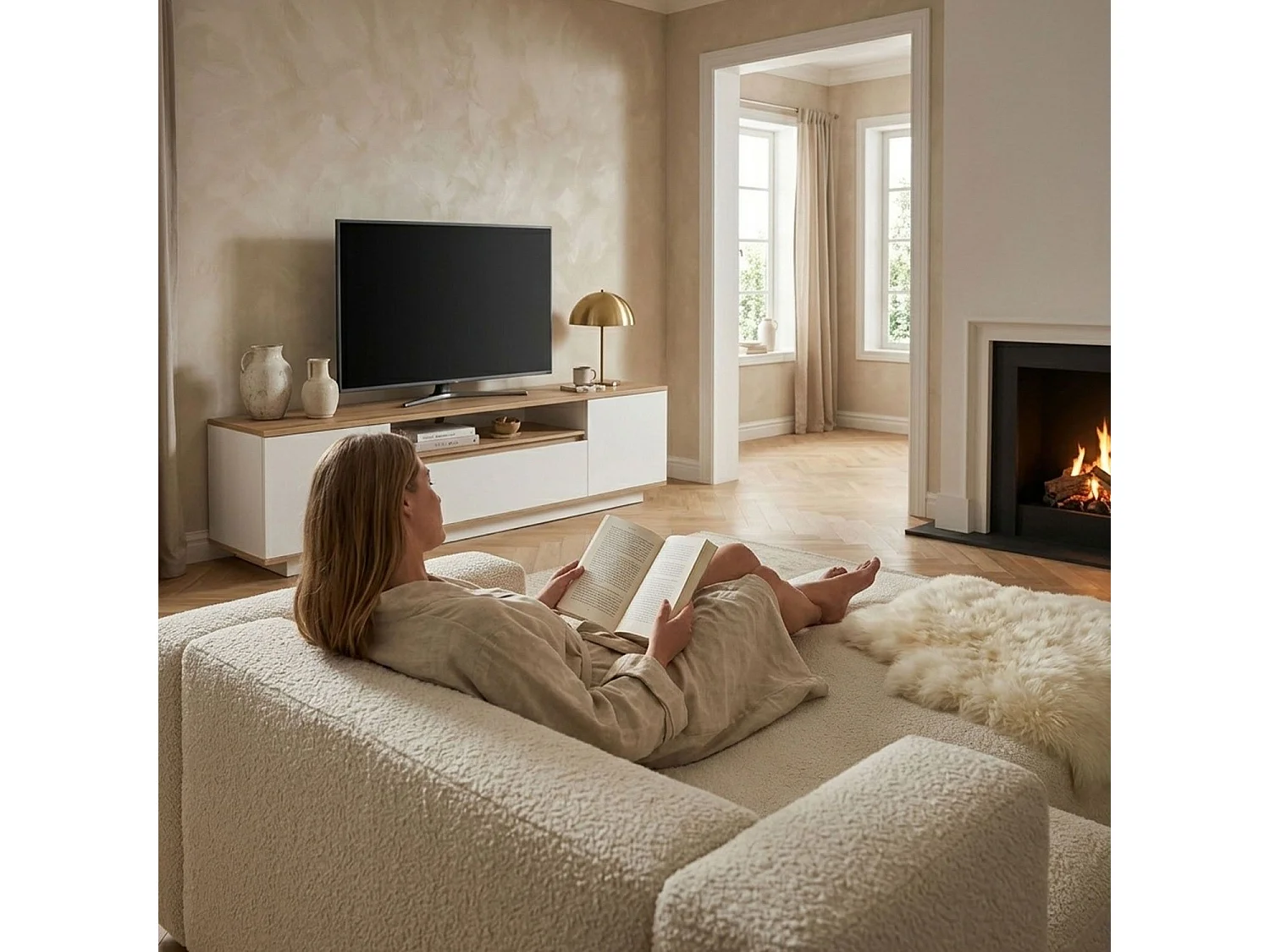 Mueble TV Iliade diseño lineal L180cm Madera clara y Blanco