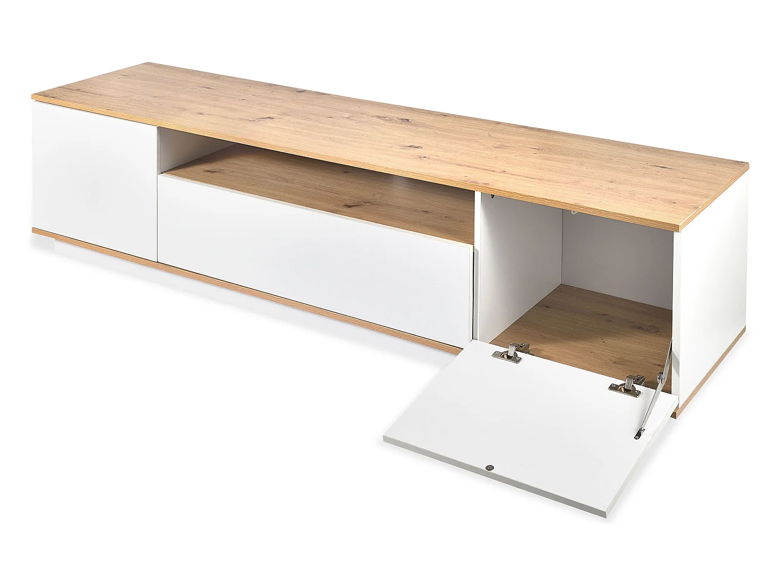 Mueble TV Iliade diseño lineal L180cm Madera clara y Blanco