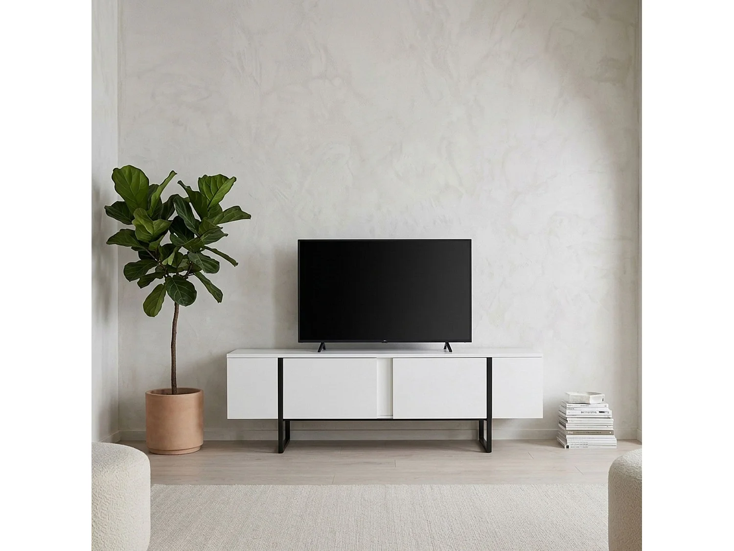 Meuble TV moderne avec 2 portes Valmain L180cm Blanc et Métal Noir