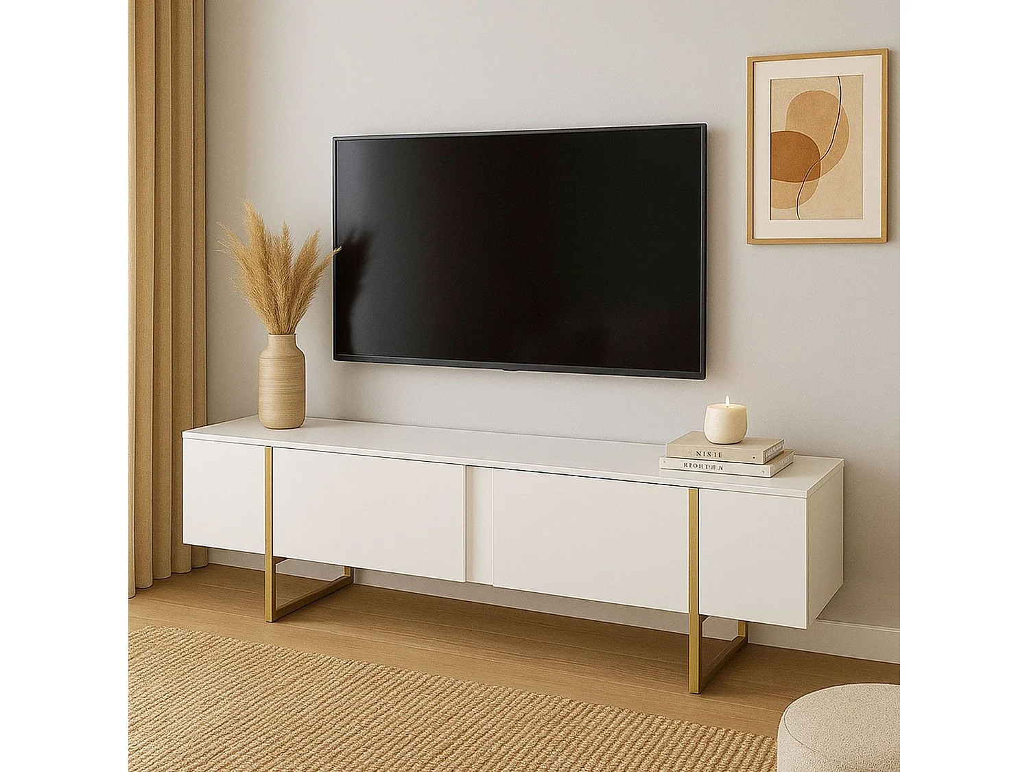 Meuble TV moderne avec 2 portes Valmain L180cm Blanc et Métal Or