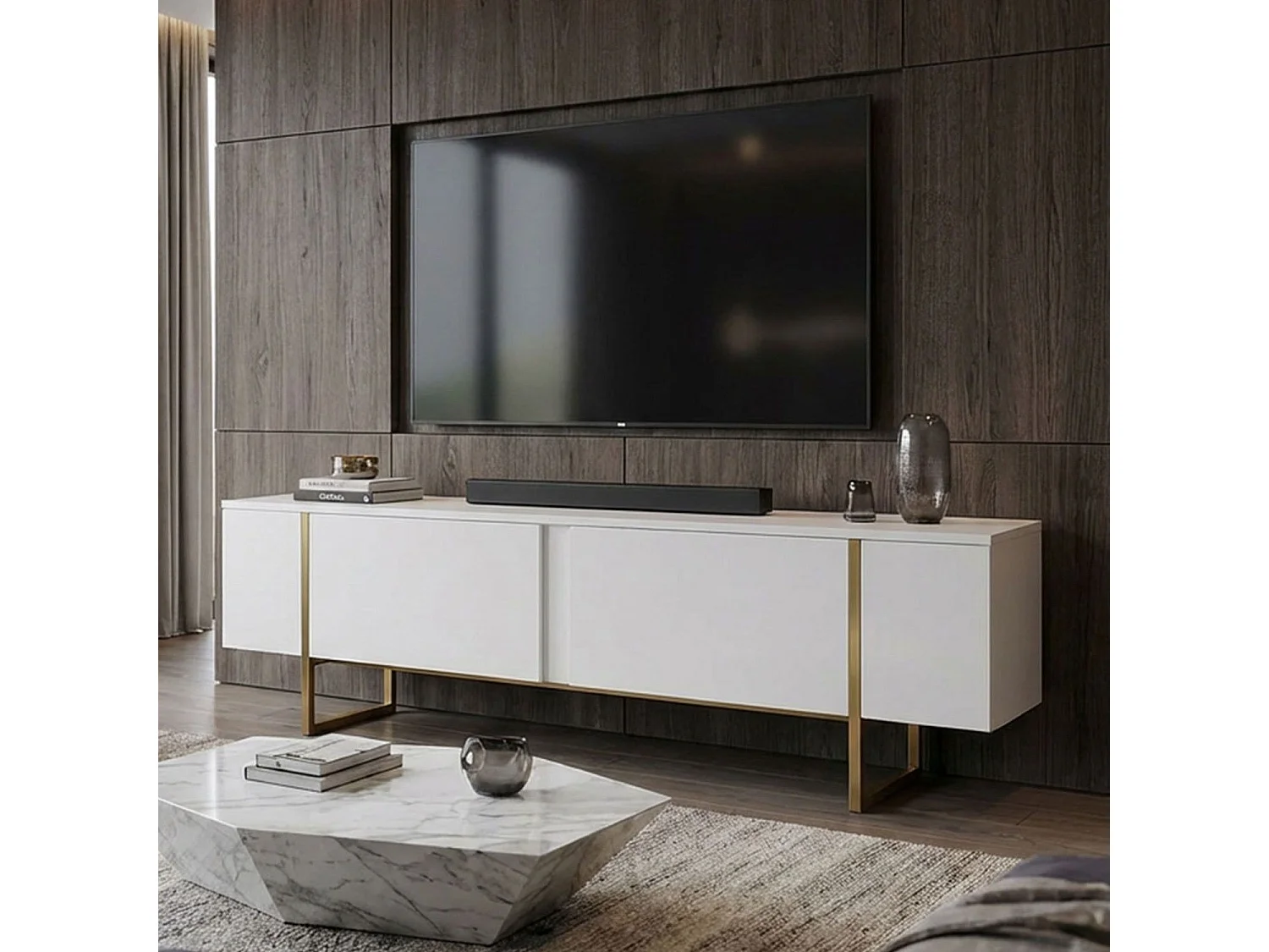 Meuble TV moderne avec 2 portes Valmain L180cm Blanc et Métal Or