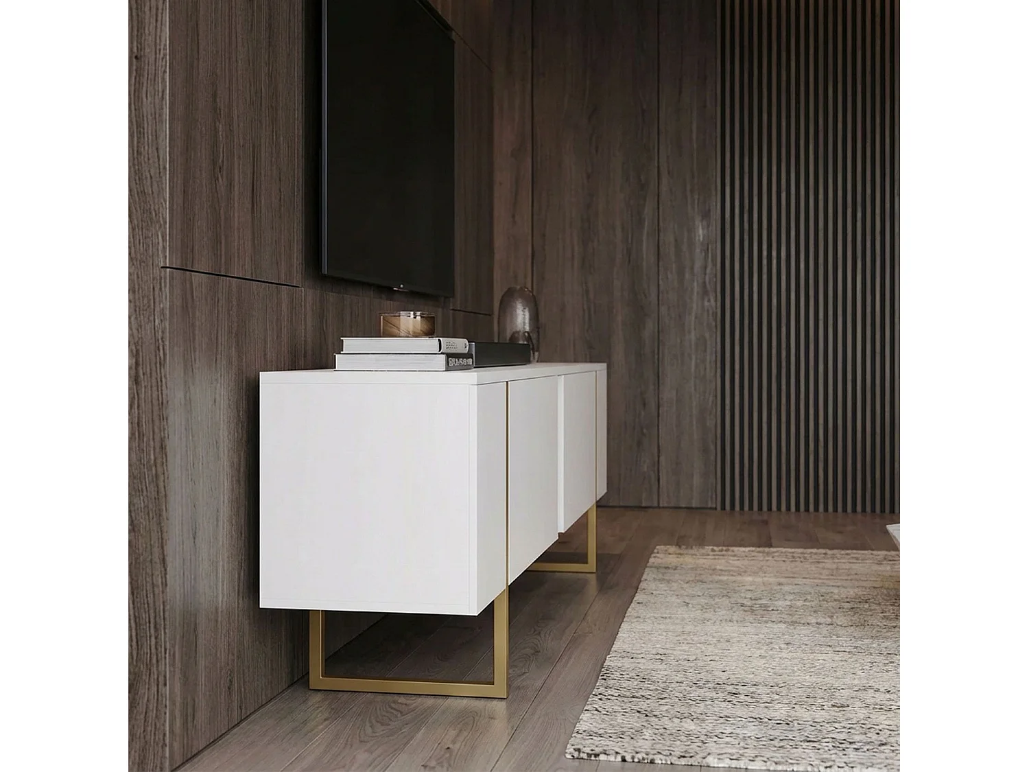 Meuble TV moderne avec 2 portes Valmain L180cm Blanc et Métal Or