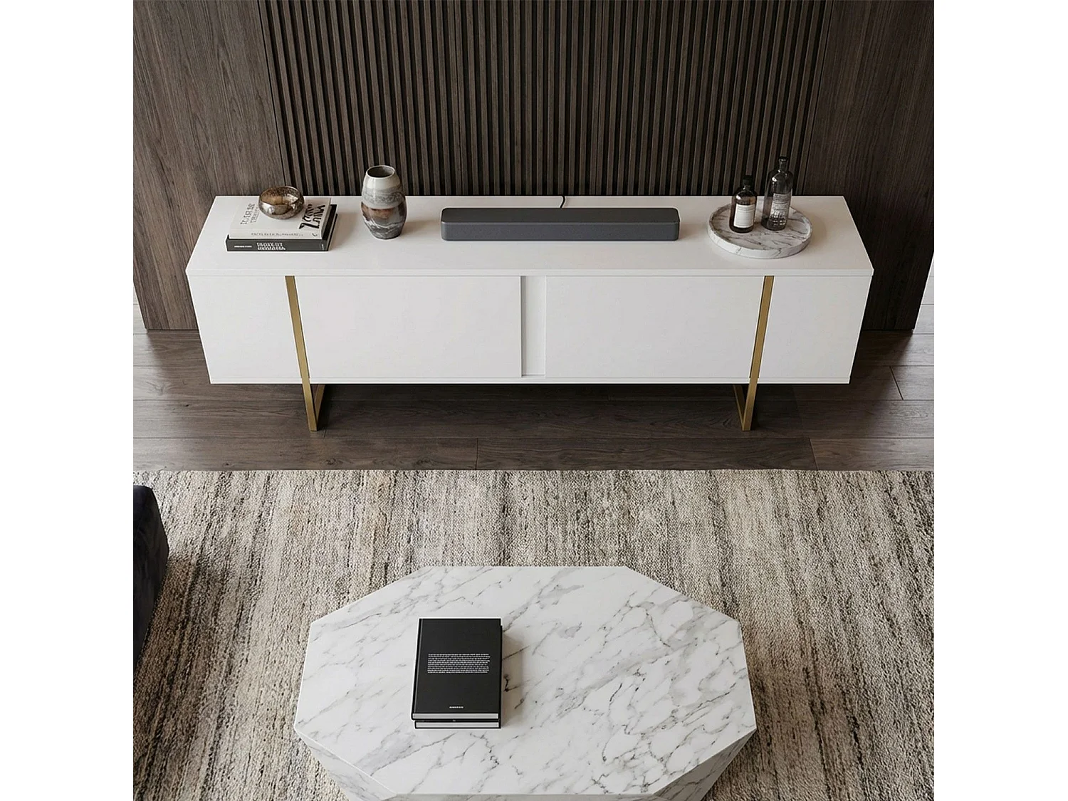 Meuble TV moderne avec 2 portes Valmain L180cm Blanc et Métal Or