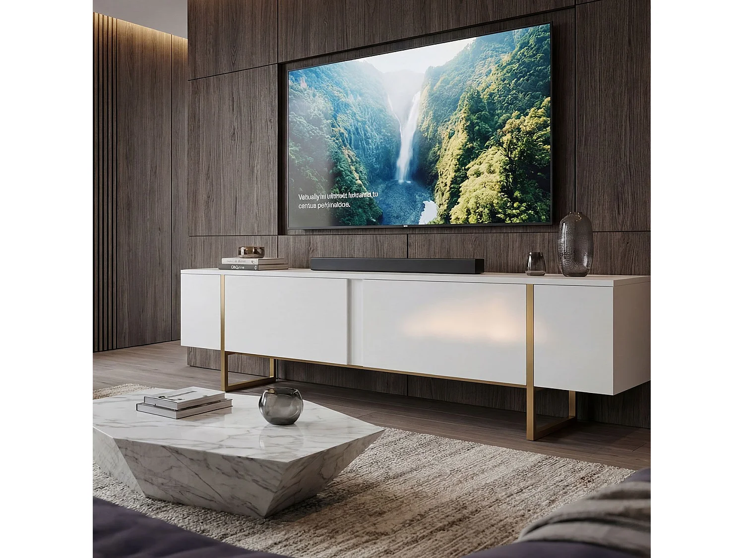 Meuble TV moderne avec 2 portes Valmain L180cm Blanc et Métal Or