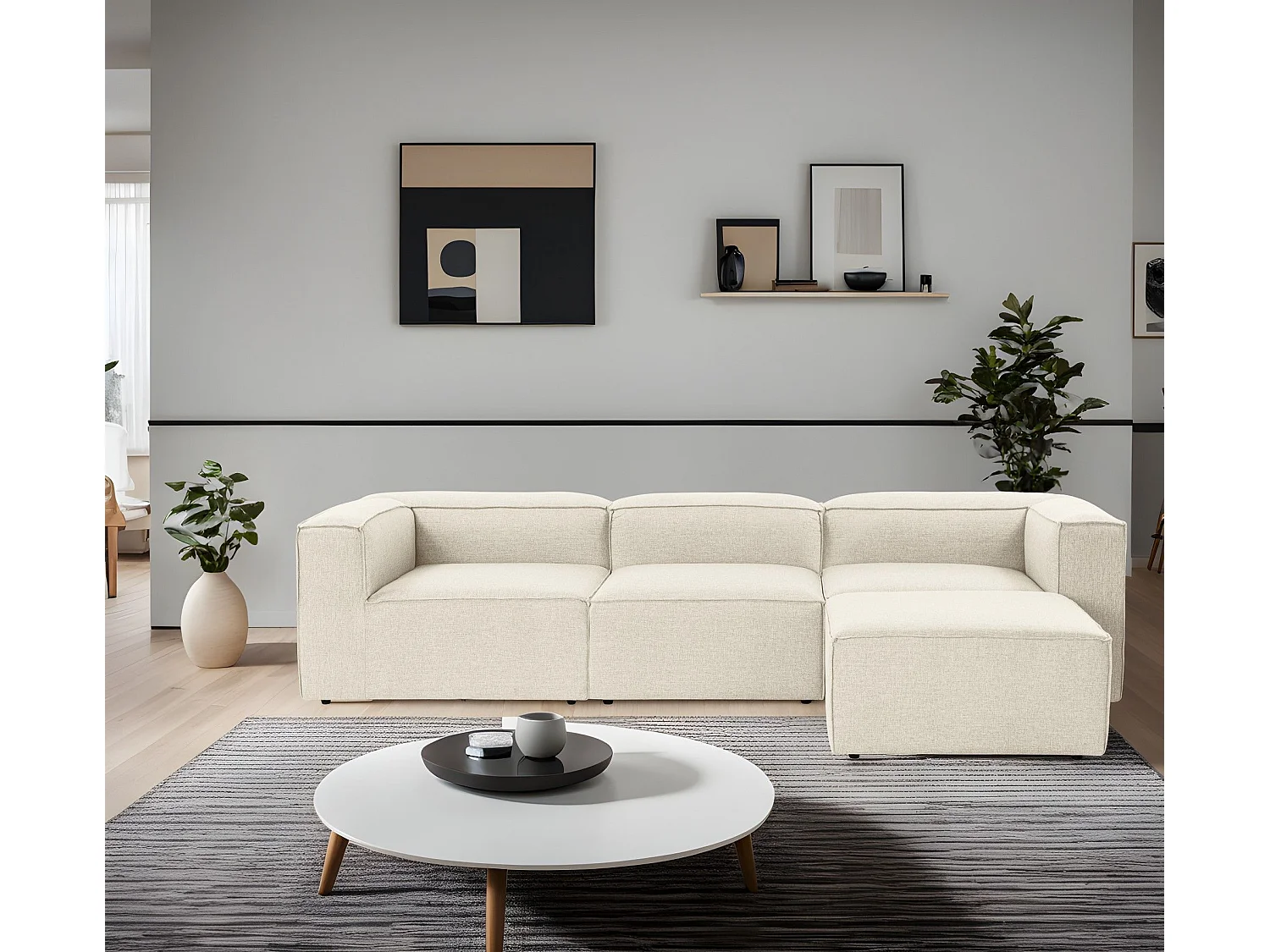 Canapé d'angle à droite Biglo Tissu Écru