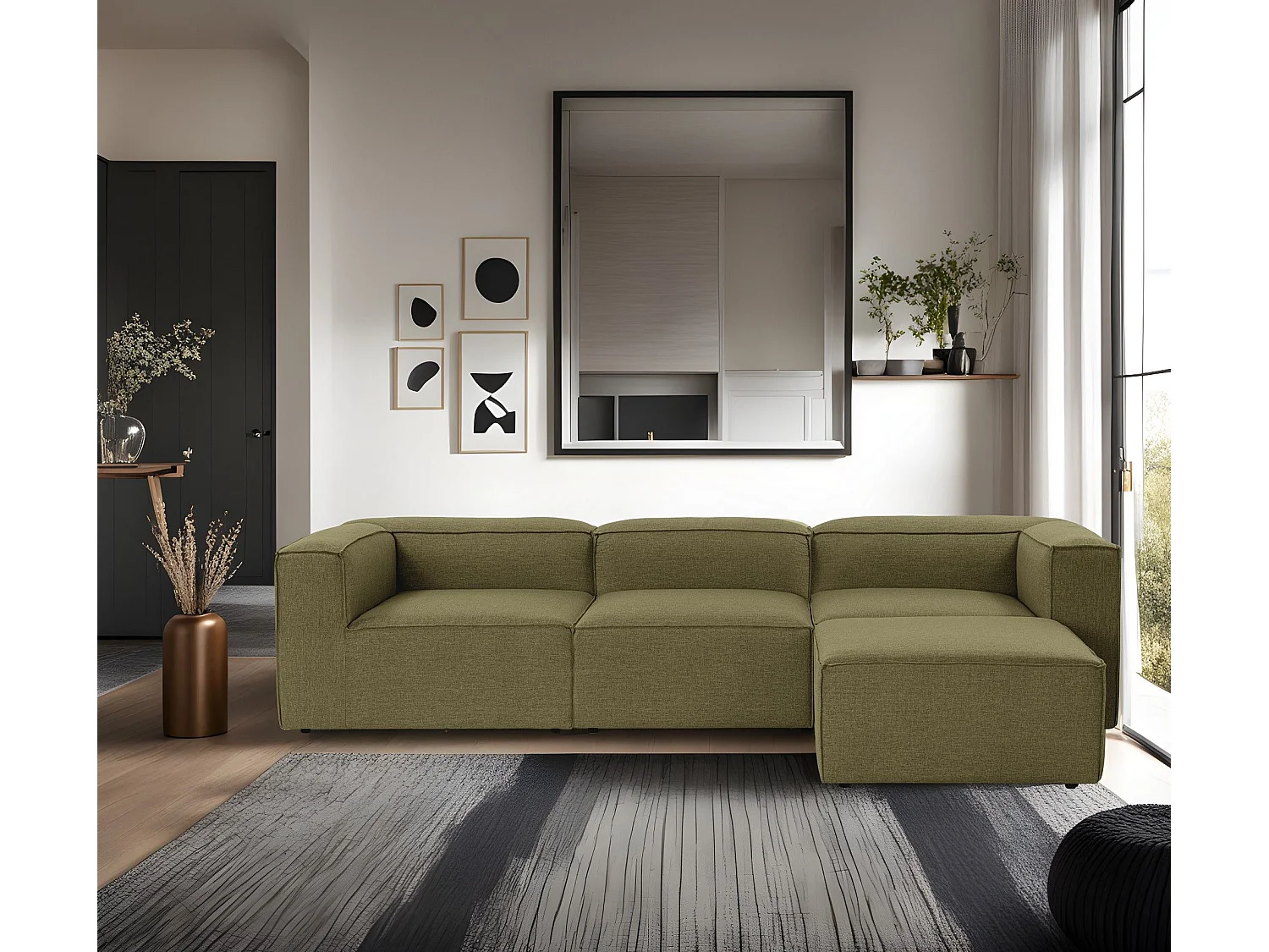 Canapé d'angle à droite Biglo Tissu Vert