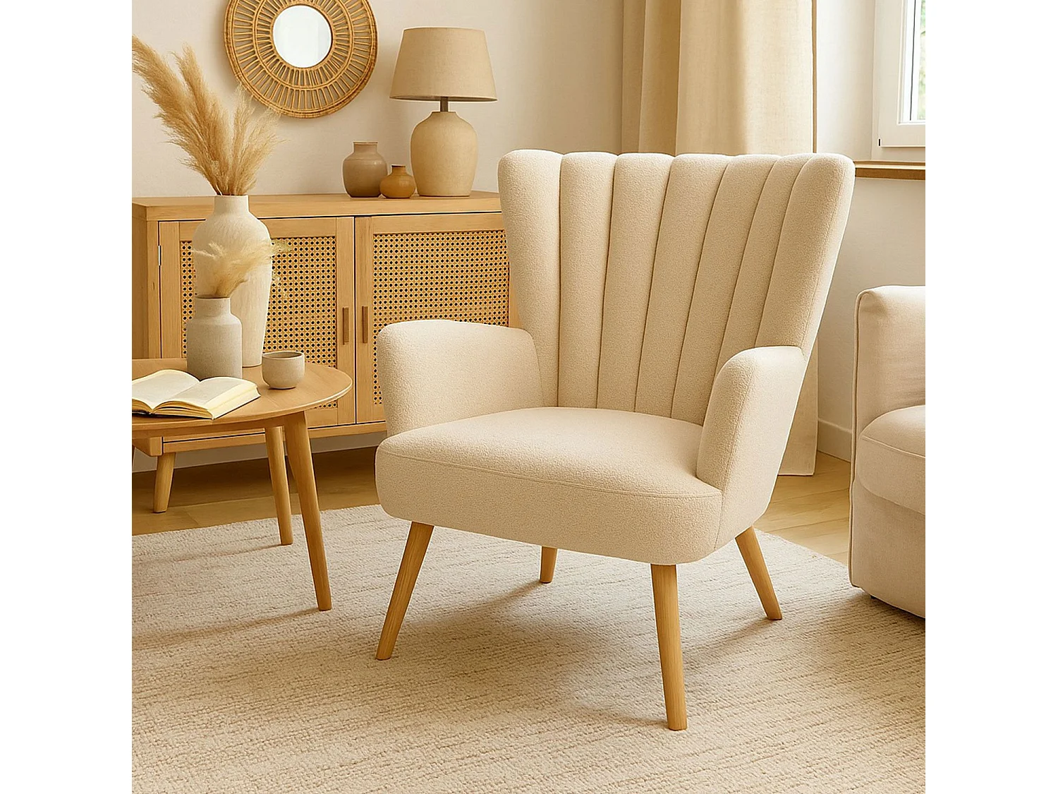 Poltrona scandinava Vidal Tessuto Bouclette Beige
