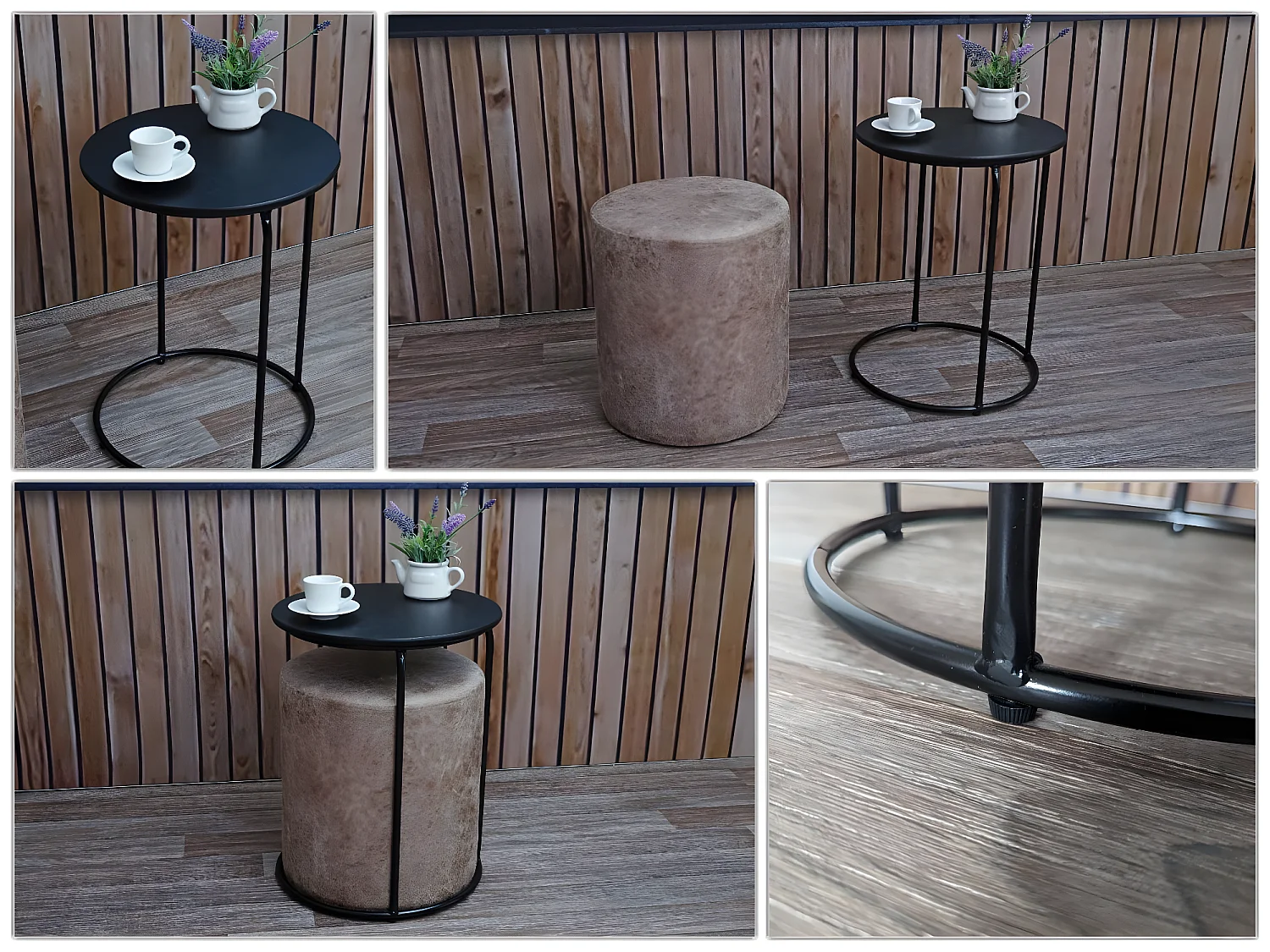 Set da salotto caffè tavolino con sgabello MCW-K48 MDF metallo marrone