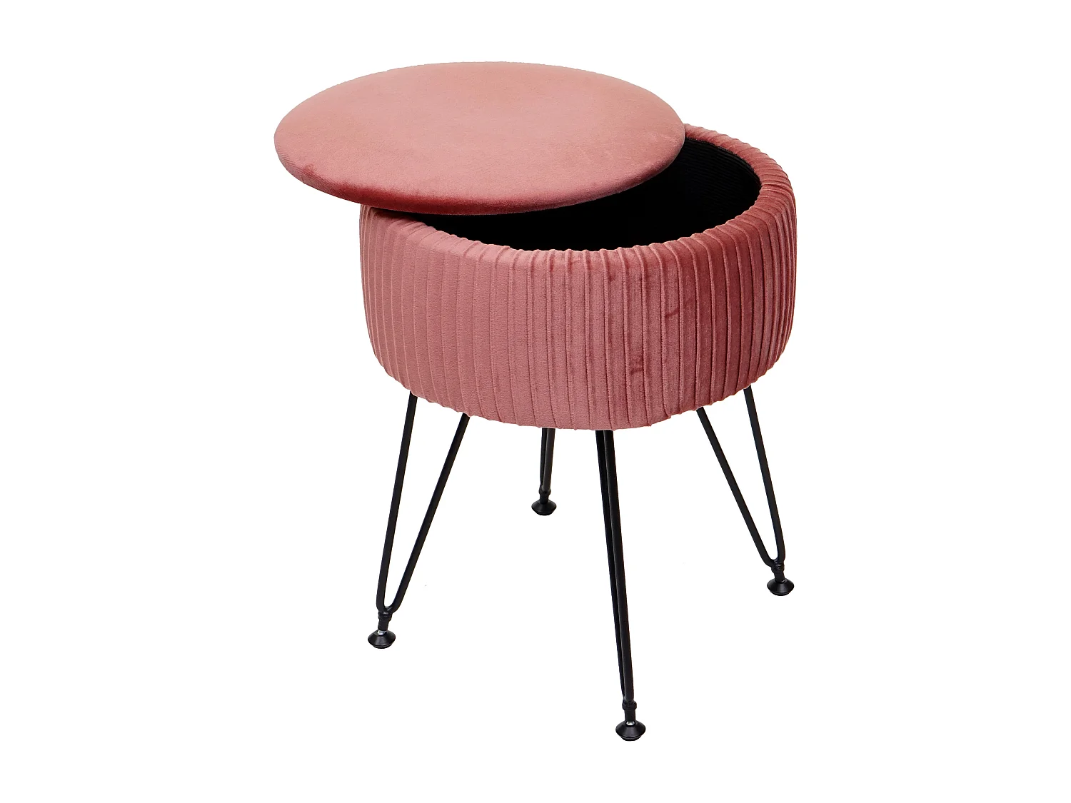 Sgabello poggiapiedi portaoggetti con scomparto MCW-K47 metallo effetto velluto rosa gambe nere