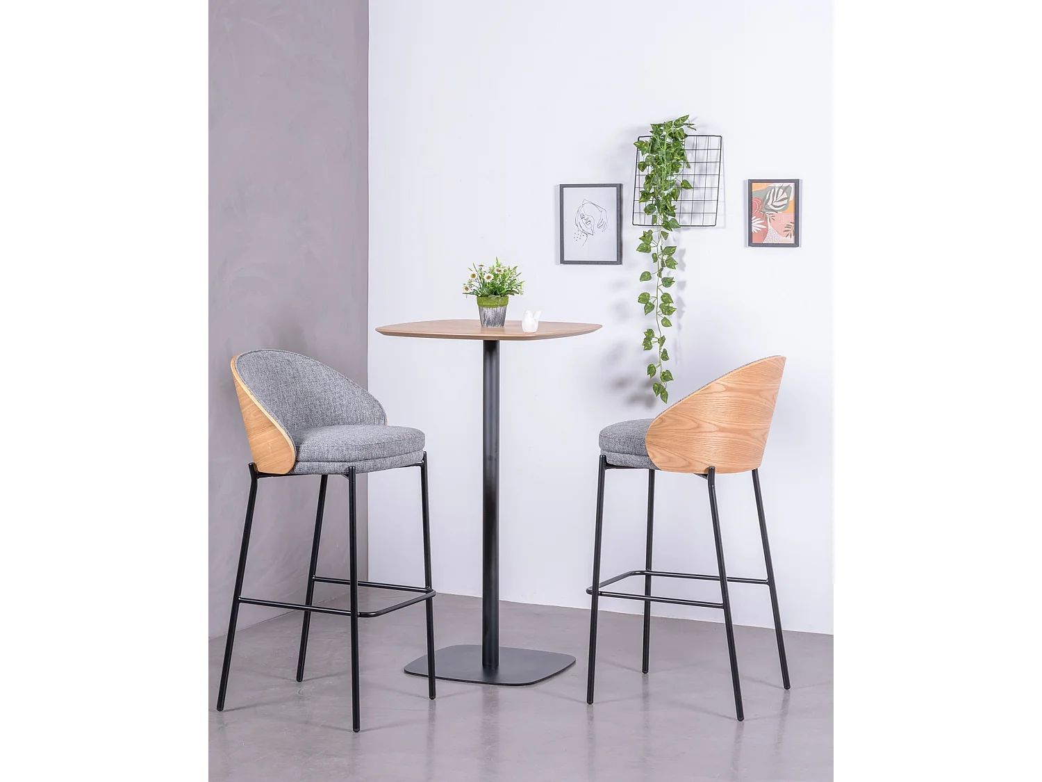 Tabouret nordique en bois de frêne et revêtement en coton - Earth - Gris