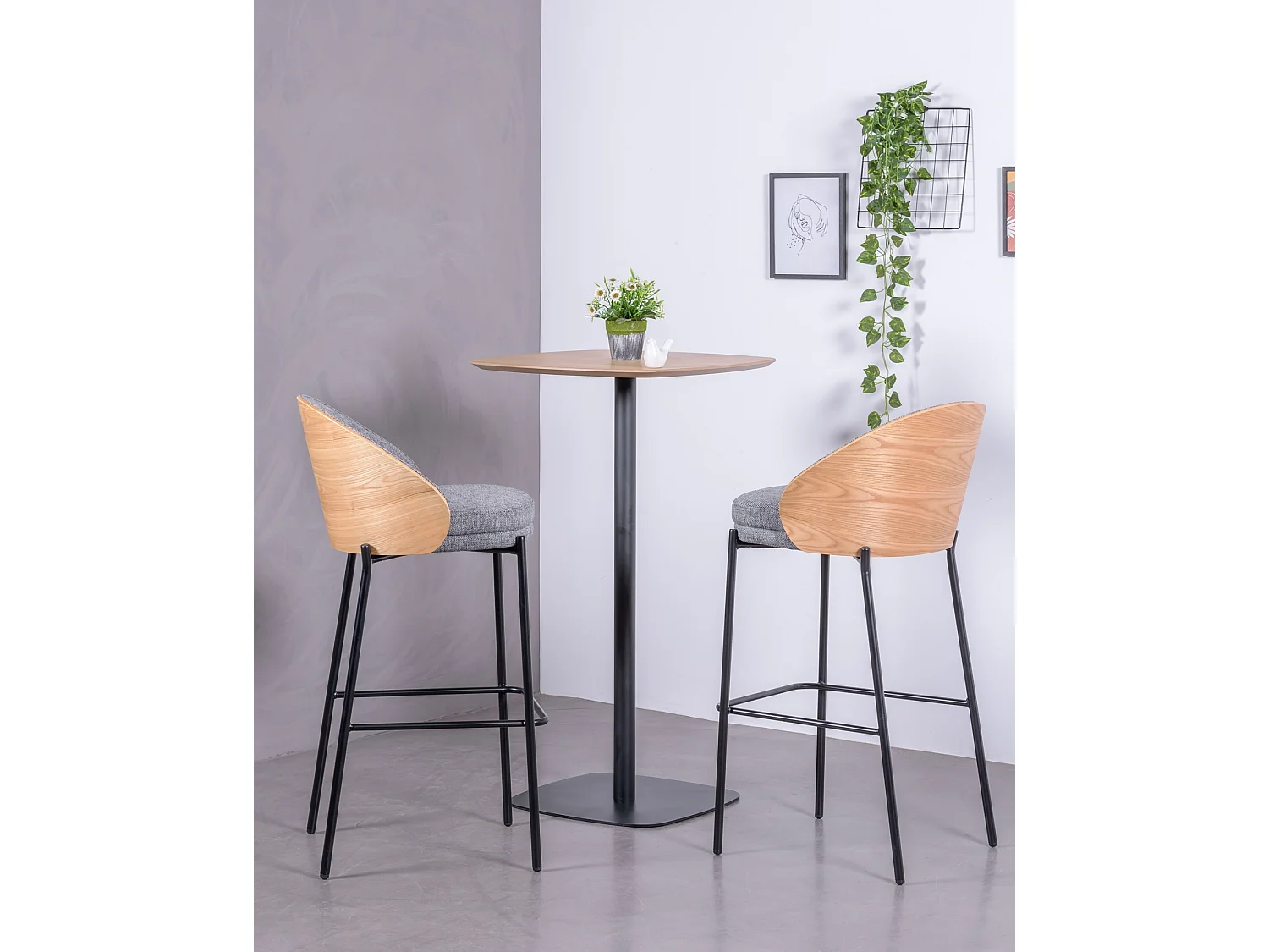 Tabouret nordique en bois de frêne et revêtement en coton - Earth - Gris