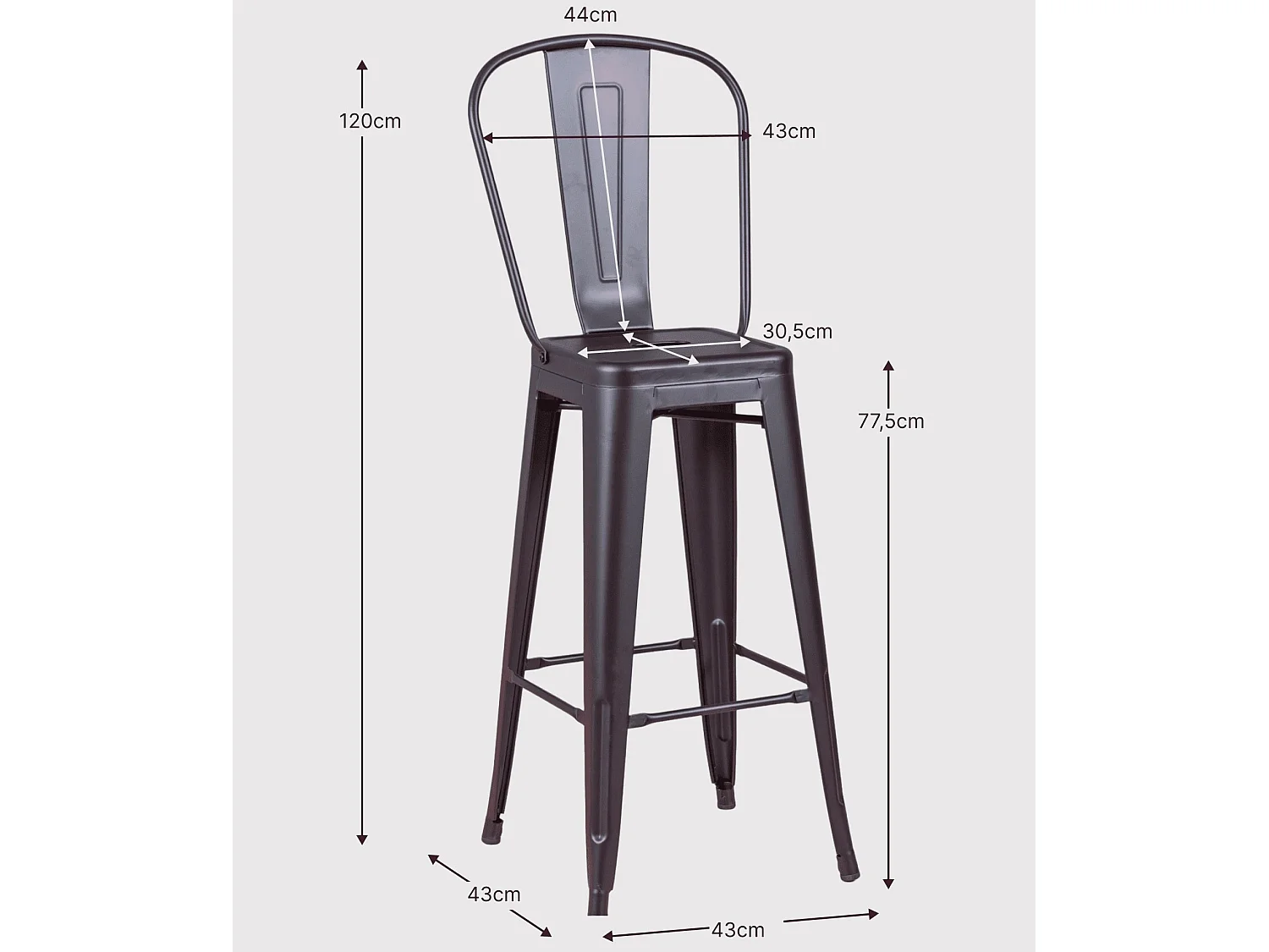 Sgabello in metallo in acciaio laccato con schienale alto (76 cm) - Bistro - Nero