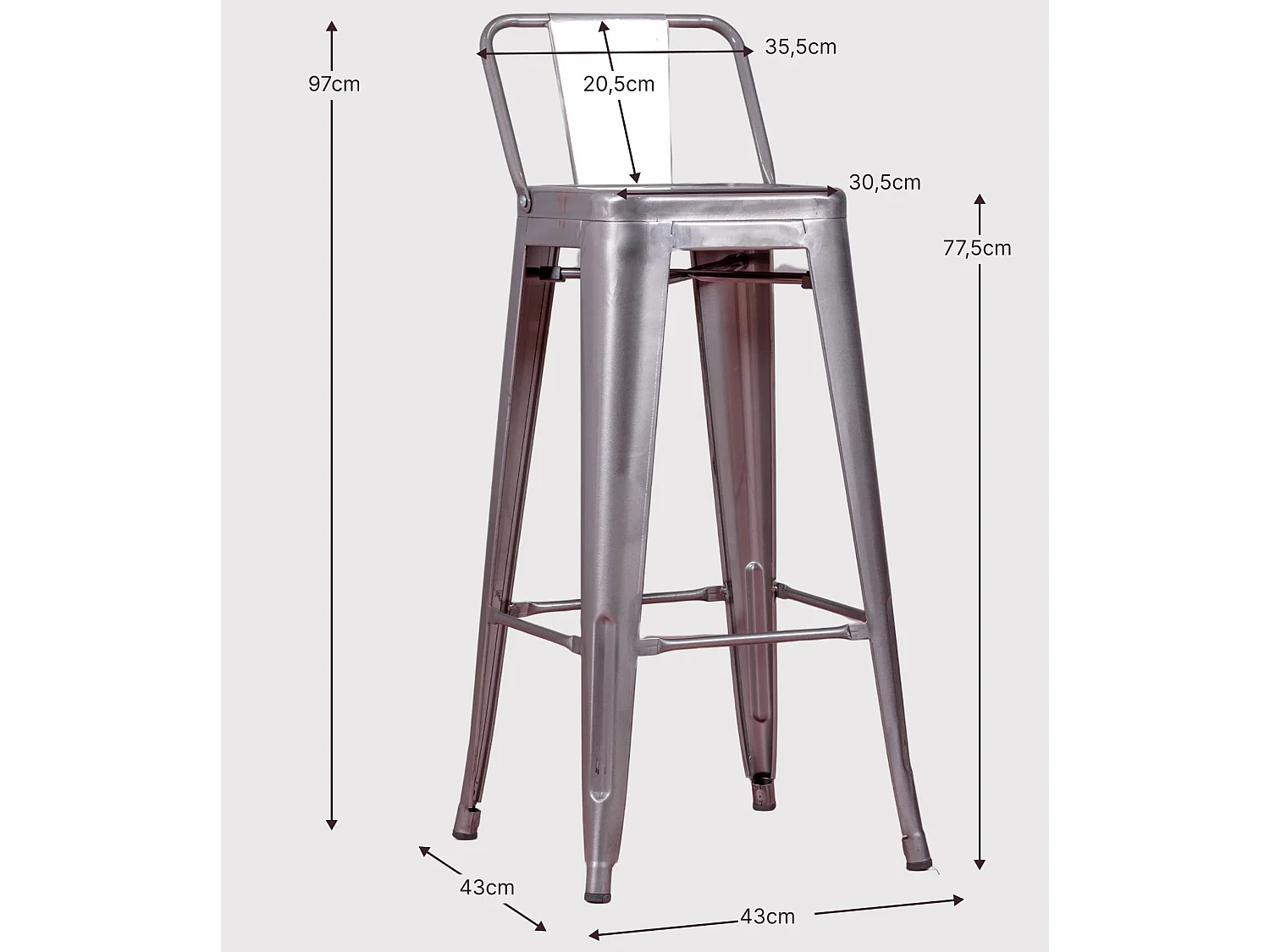Taburete metálico industrial con respaldo bajo (76cm) - Bistro - Blanco