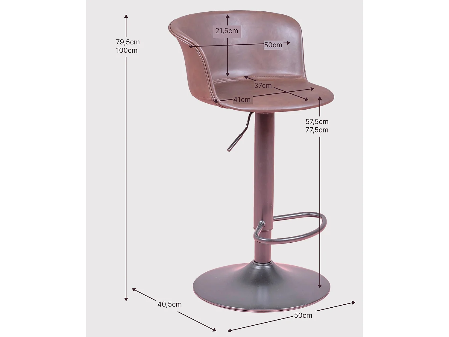 Tabouret réglable avec dossier et accoudoirs recouverts de simili cuir - Brandon - Brun