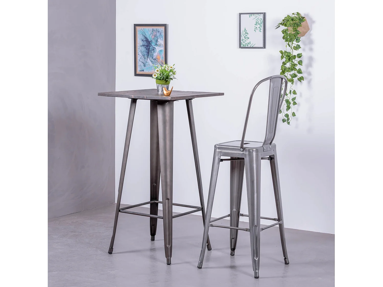Tabouret industriel en acier métallisé avec dossier haut (76cm) - Bistro - Métal