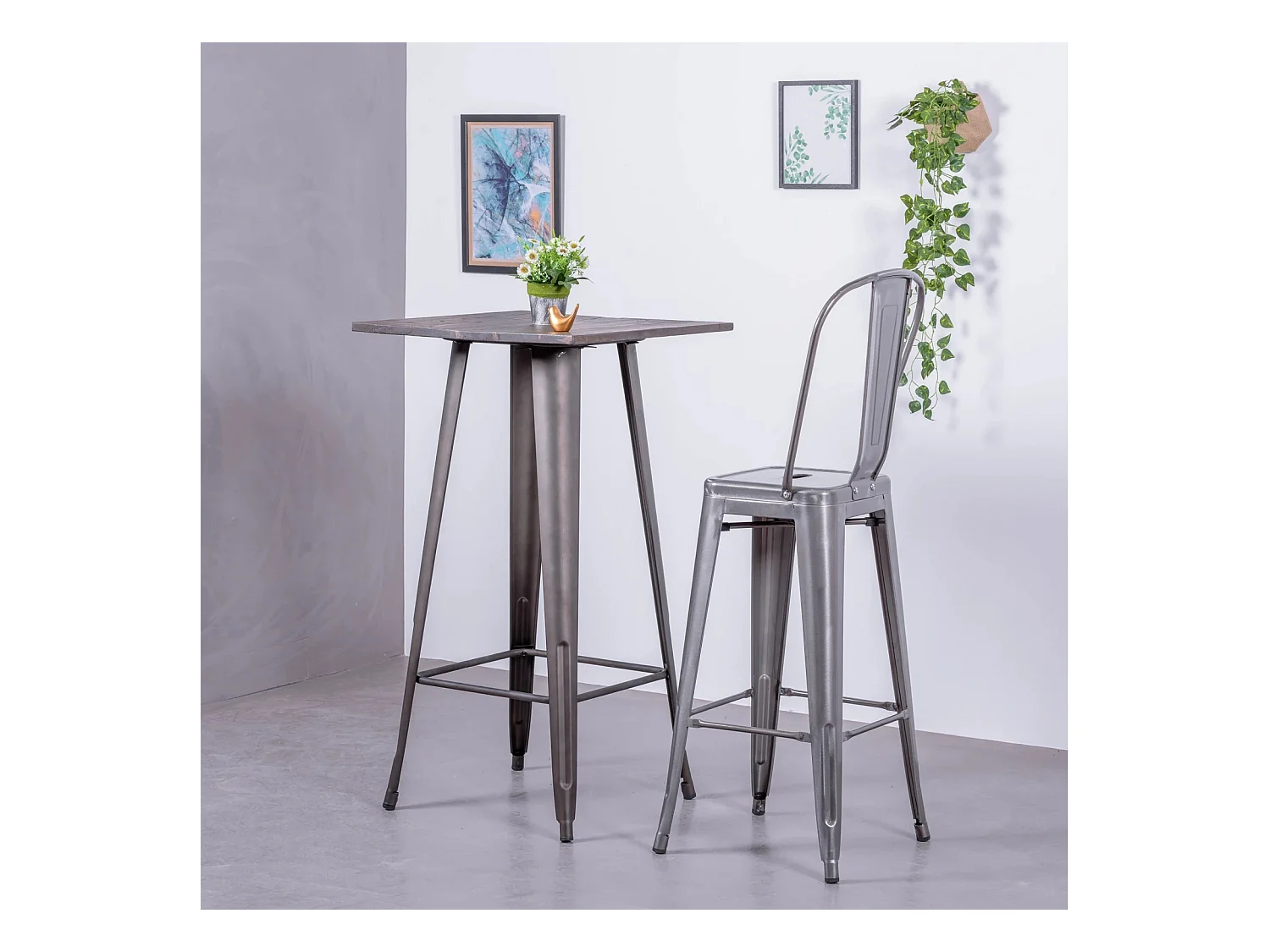 Tabouret industriel en acier métallisé avec dossier haut (76cm) - Bistro - Métal