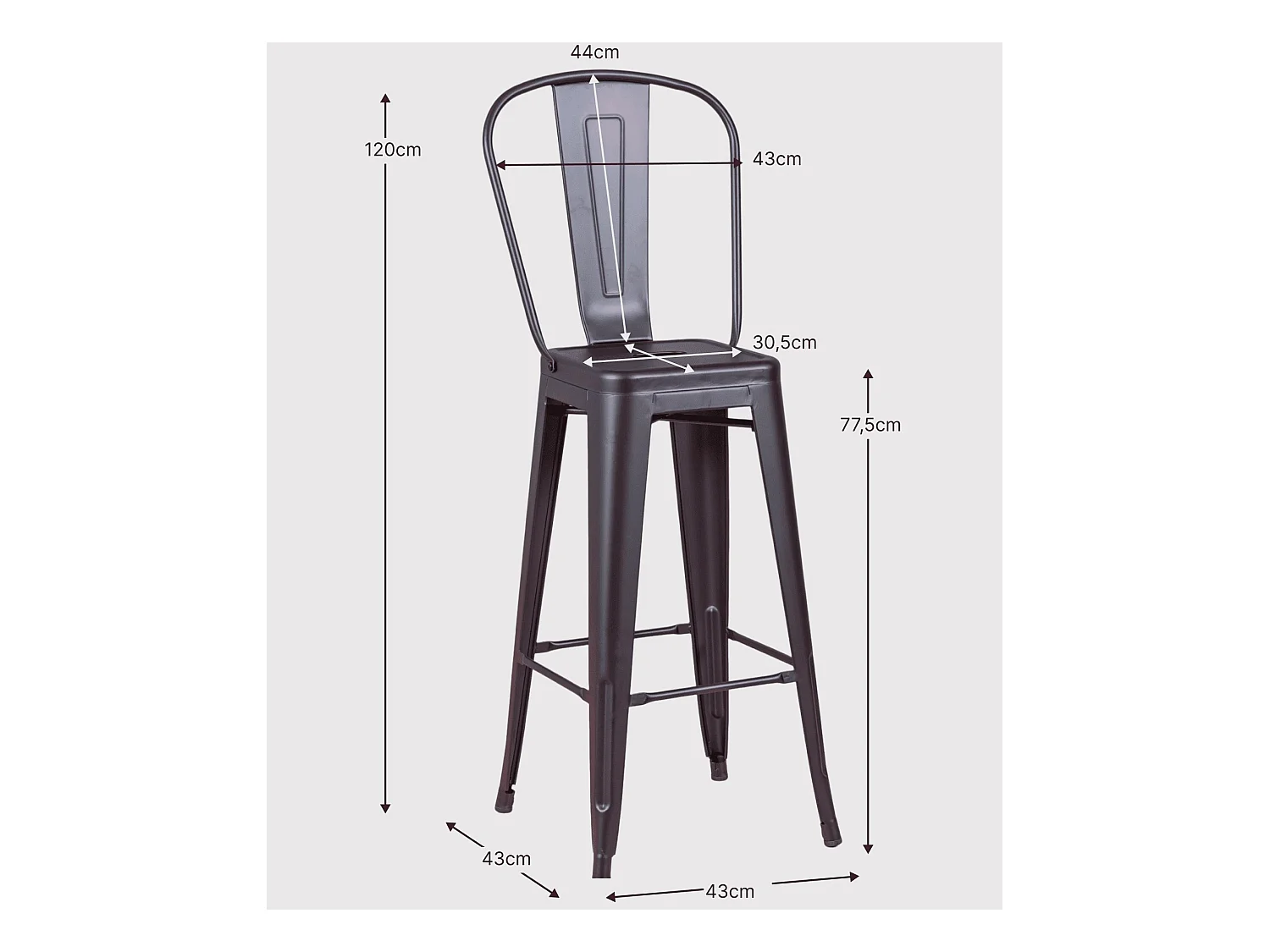 Tabouret industriel en acier métallisé avec dossier haut (76cm) - Bistro - Métal