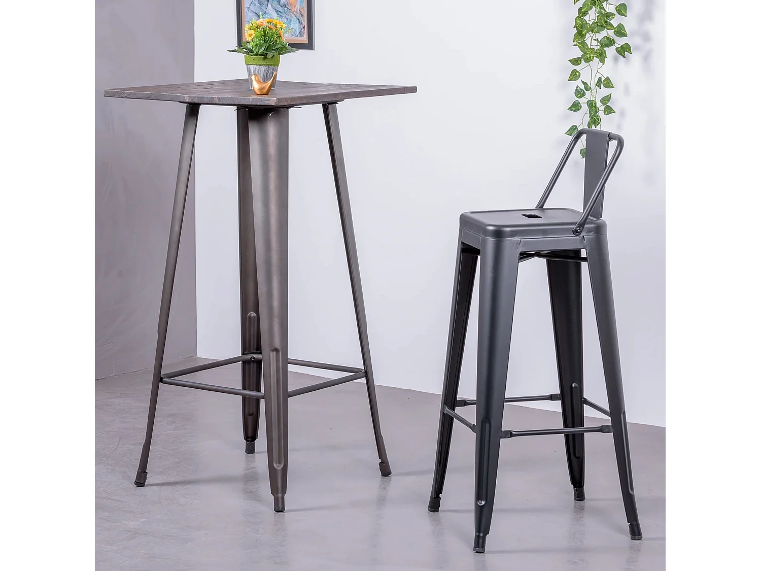 Sgabello industriale in metallo con schienale basso (76 cm) - Bistro - Nero