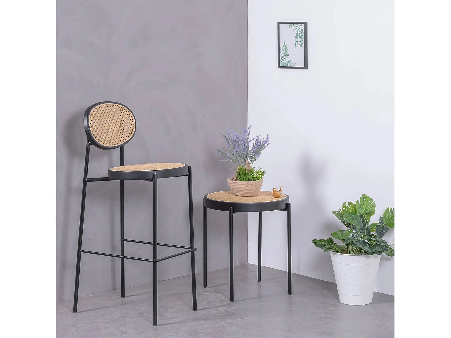 Vintage kruk met klassiek design in natuurlijk rotan - North - Zwart