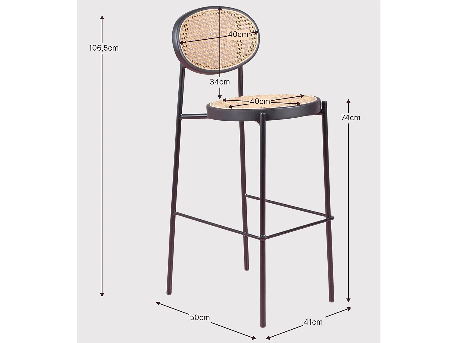 Vintage kruk met klassiek design in natuurlijk rotan - North - Zwart