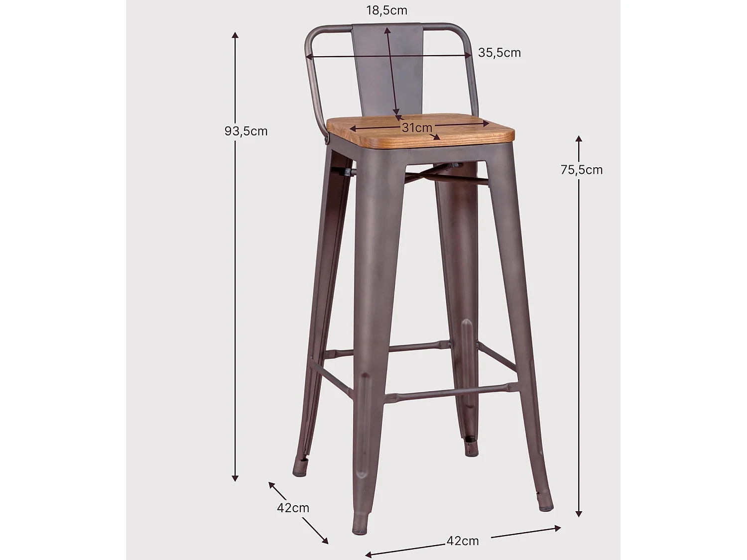 Tabouret industriel en acier vieilli avec dossier bas et assise en bois - Bistro - Antique
