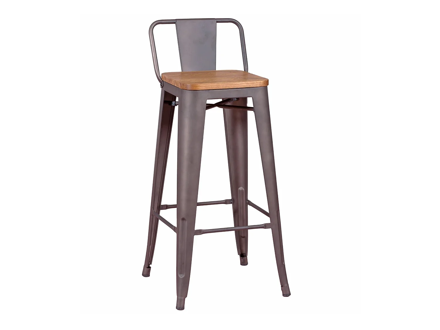 Tabouret industriel en acier vieilli avec dossier bas et assise en bois - Bistro - Antique