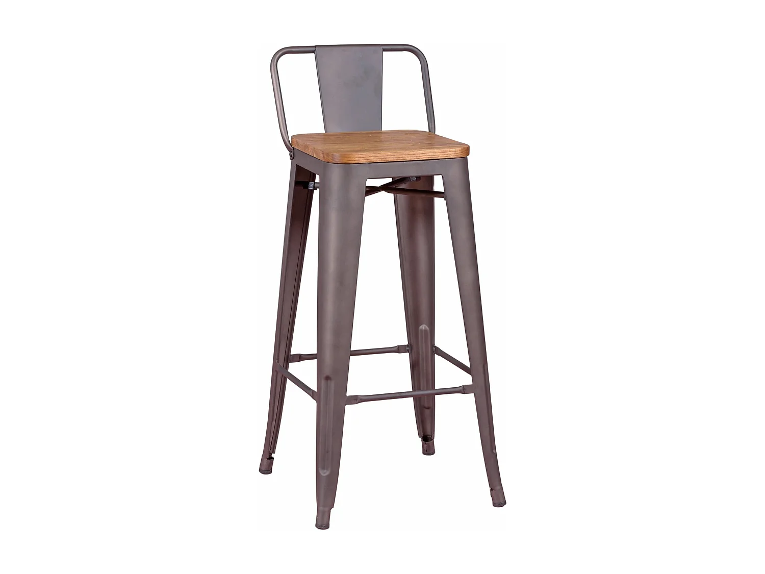 Tabouret industriel en acier vieilli avec dossier bas et assise en bois - Bistro - Antique