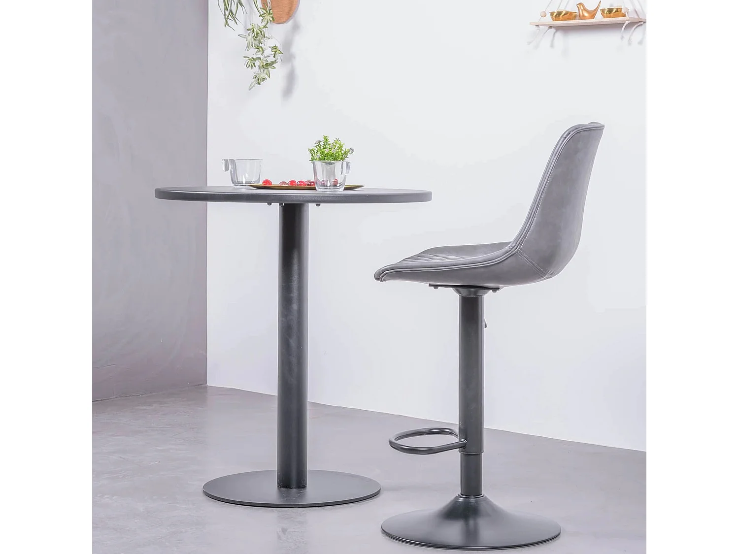 Tabouret réglable avec dossier recouvert de simili cuir - Brandon - Gris