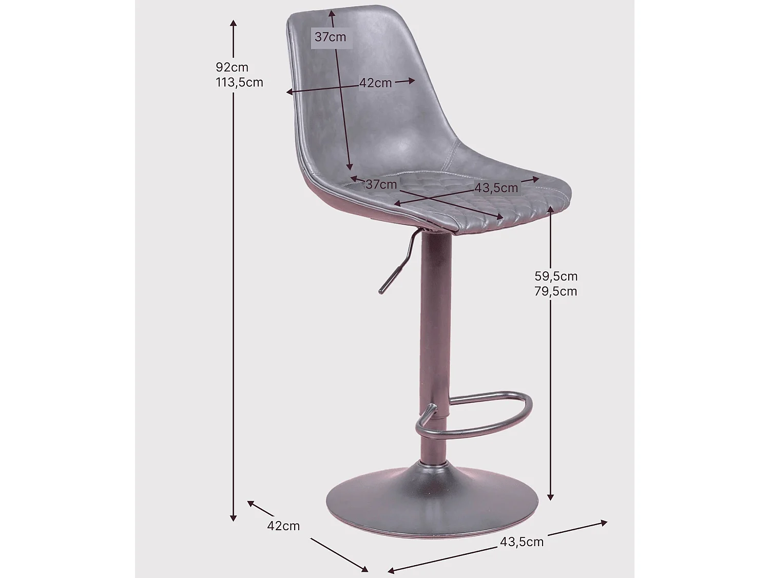 Tabouret réglable avec dossier recouvert de simili cuir - Brandon - Gris