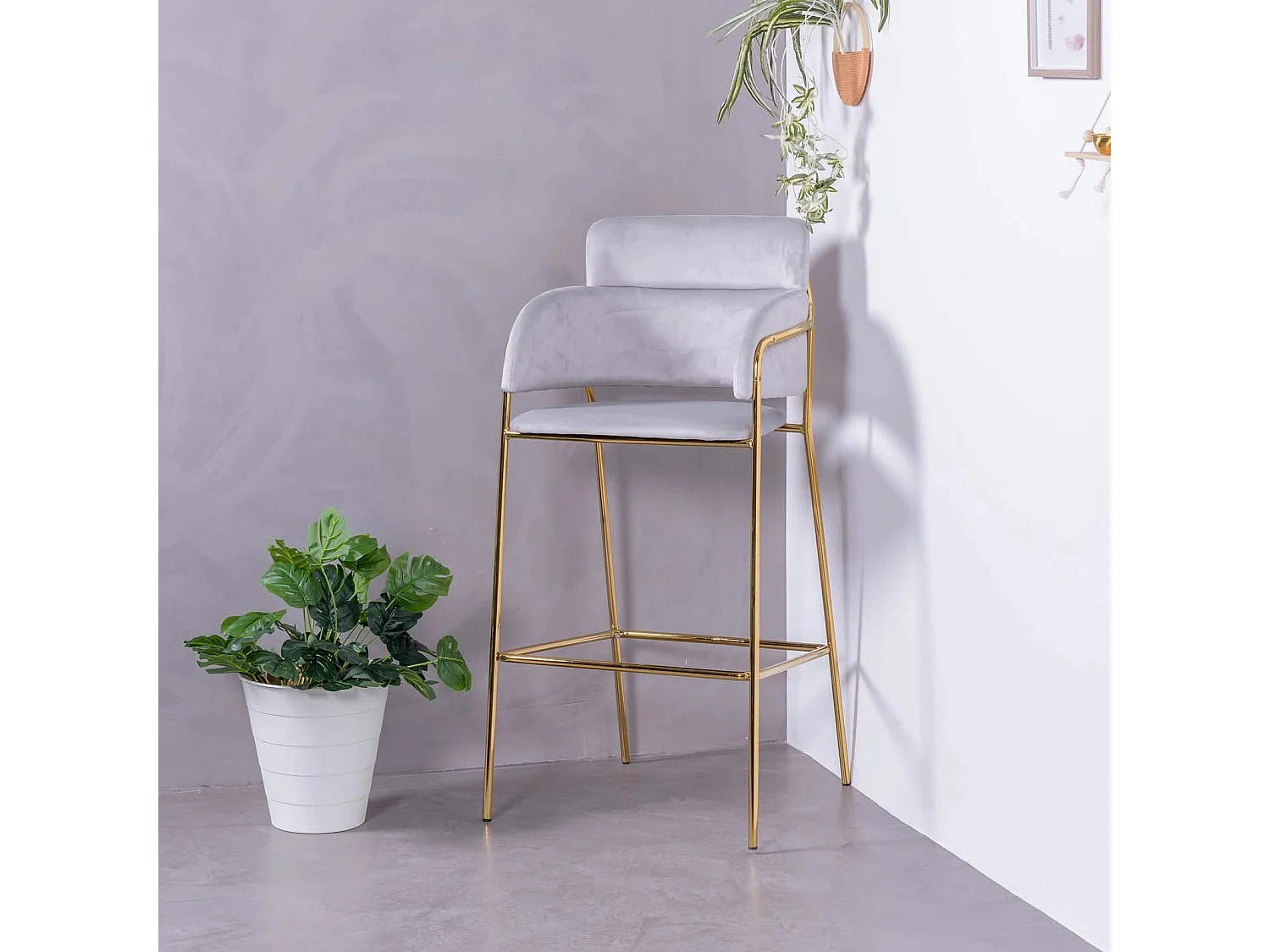 Sgabello di design rivestito in velluto e gambe dorate - Cruiser - Grigio