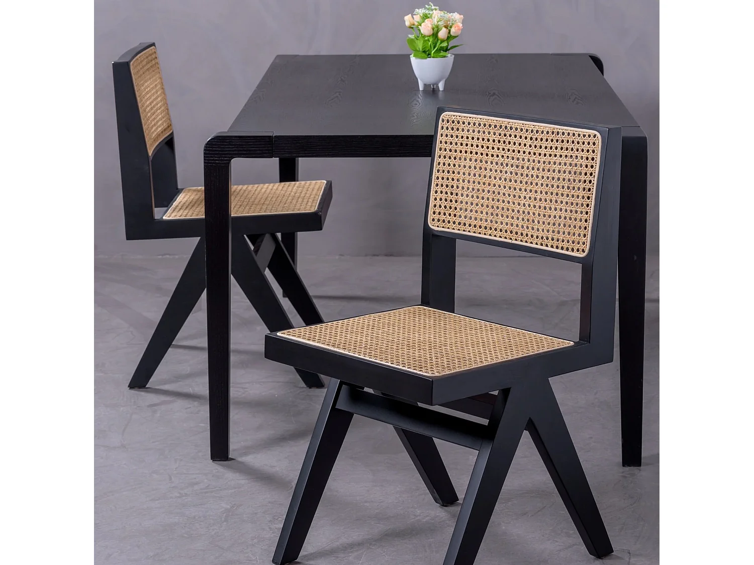 Silla cásica en rattan natural y madera de fresno - Compass - Negro