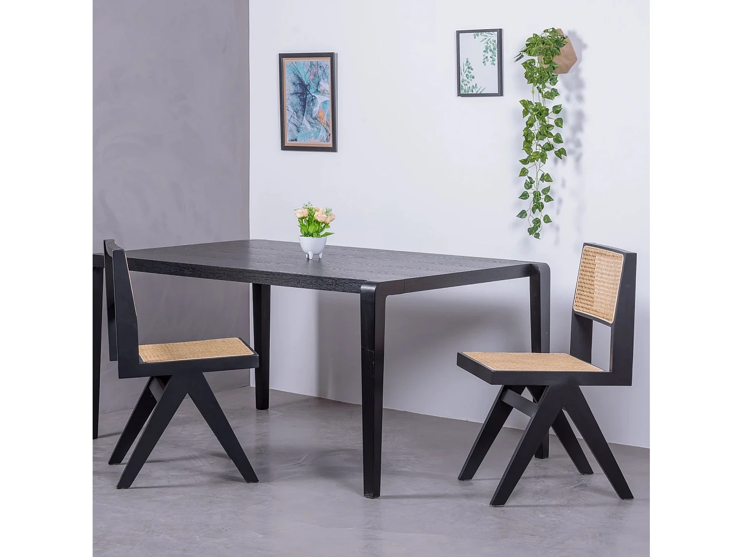 Silla cásica en rattan natural y madera de fresno - Compass - Negro