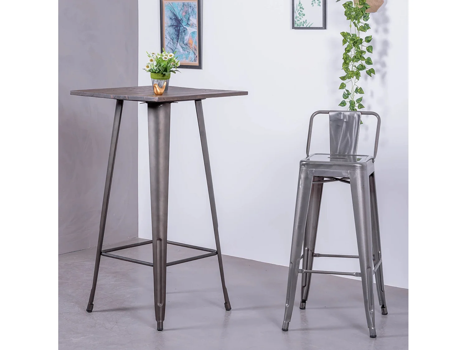 Industriële gemetalliseerde stalen kruk met lage rugleuning (76cm) - Bistro - Metaal