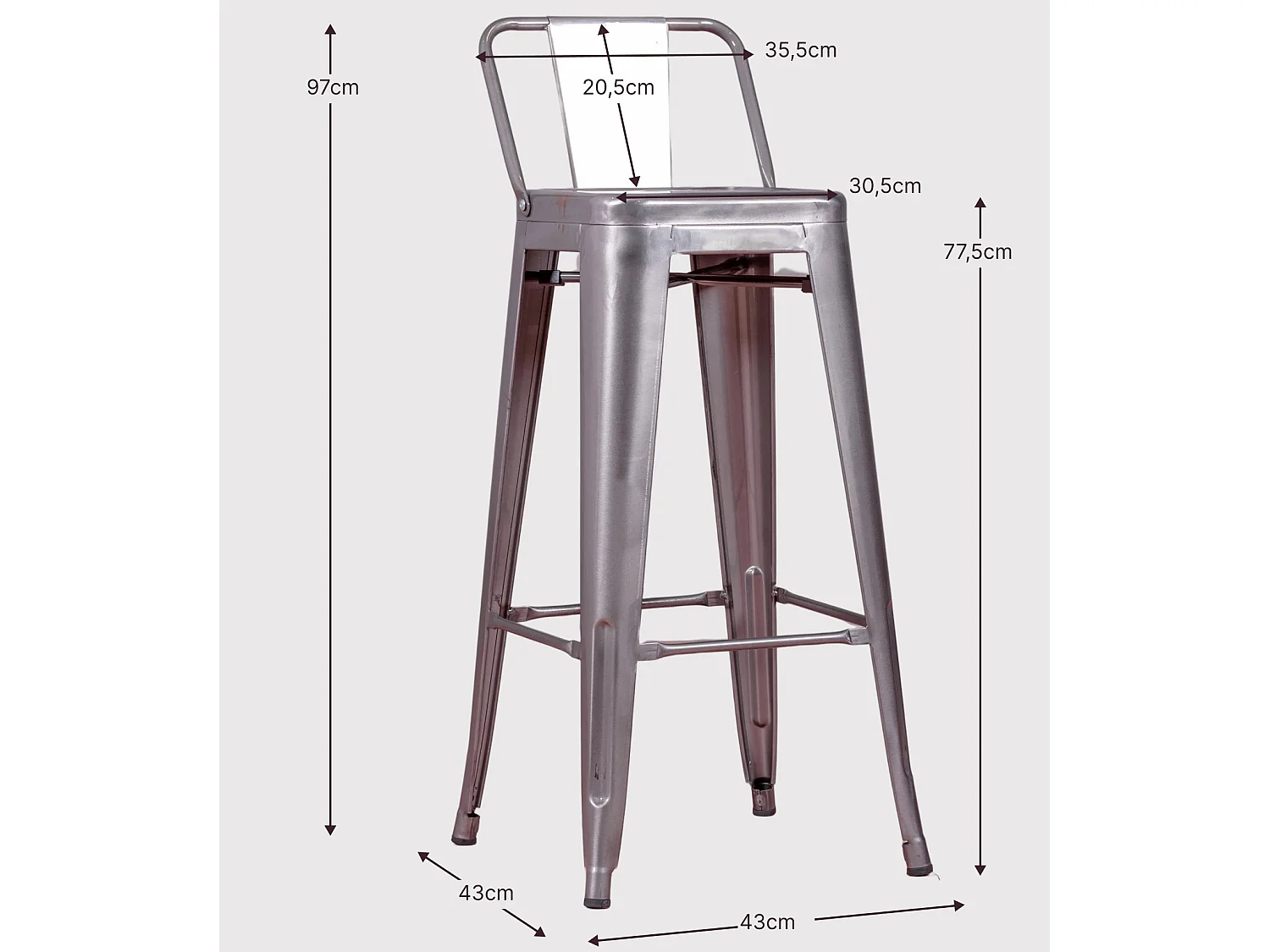 Industriële gemetalliseerde stalen kruk met lage rugleuning (76cm) - Bistro - Metaal