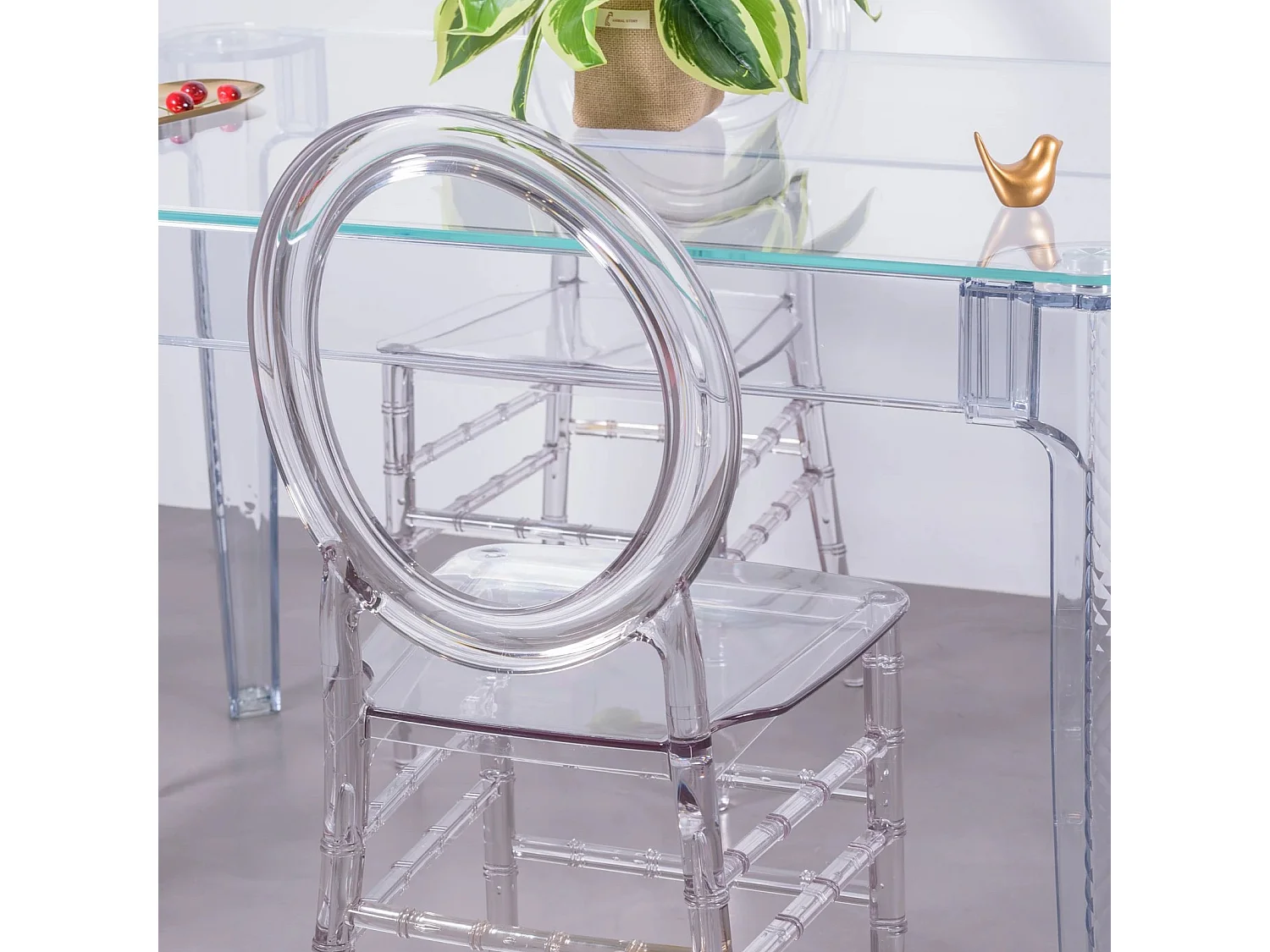 Eetkamermeubelset transparante tafel (120cm) en 4 Isabelle stoelen - Ghost - Transparant